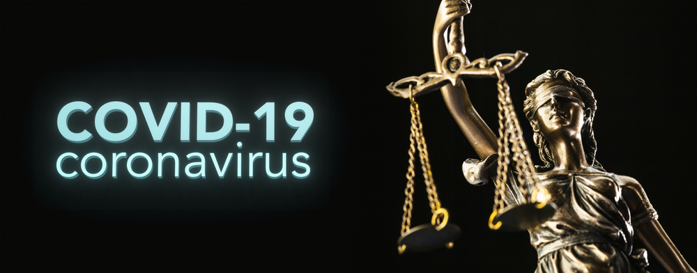 A teaser image with Lady Justice and an inscription COVID-19 Coronavirus
